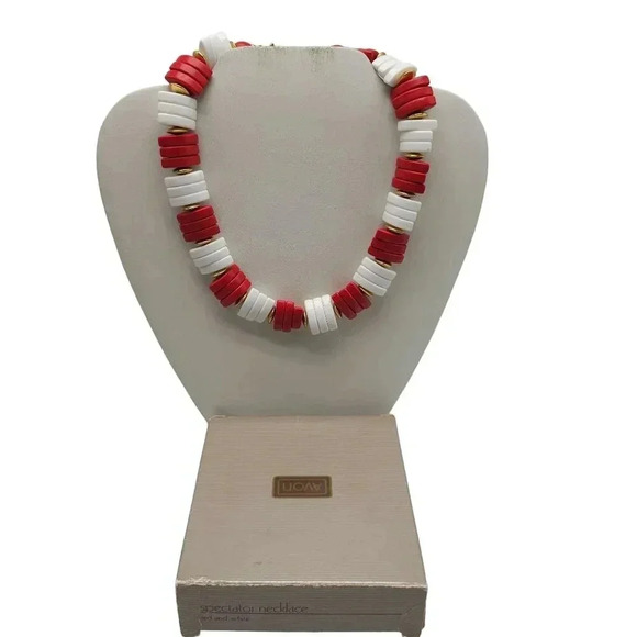 Vintage 1986 Avon Red White Spectator Lucite Beaded Choker Necklace - Picture 1 of 7